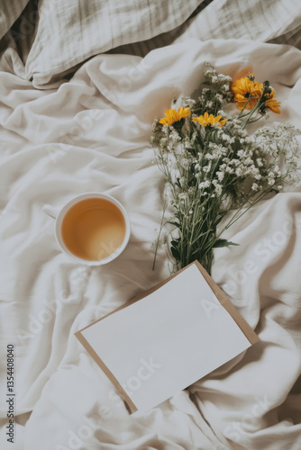 Cozy Morning: Tea and Flowers on Soft White Bedding for Relaxing Vibes.