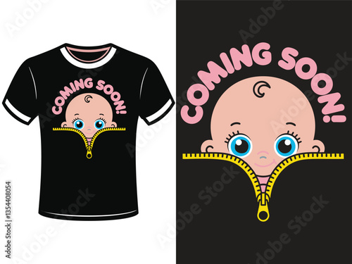 A black t-shirt design featuring a cartoon baby peeking out from an open zipper, with the words "COMING SOON!" surrounding the baby's head