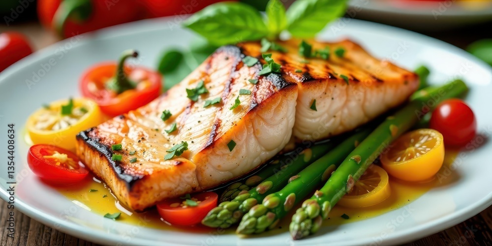 Grilled fish fillet with asparagus and colorful cherry tomatoes served on a plate Grilled fish fillet with asparagus and colorful cherry tomatoes served on a plate