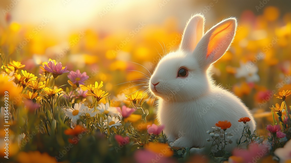 A Serene White Rabbit Resting in a Colorful Meadow with Blooming Flowers A Serene White Rabbit Resting in a Colorful Meadow with Blooming Flowers