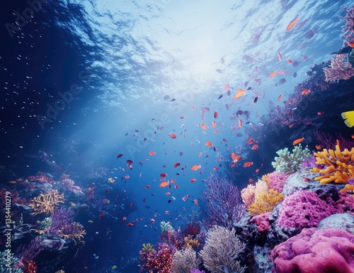 Vibrant coral reef teeming with colorful fish in a sunlit underwater scene.  A breathtaking view of marine life in a healthy ocean ecosystem