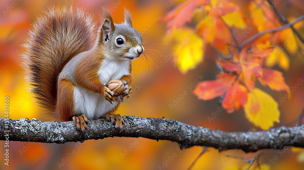 Red squirrel holding nut on autumn branch. Red squirrel holding nut on autumn branch.