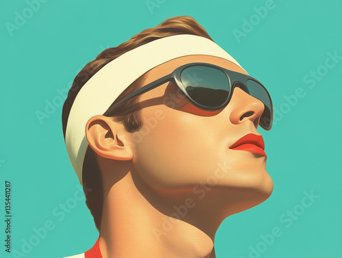 retro style illustration of androgynous man with headband and sunglasses against turquoise background with warm sunlight
