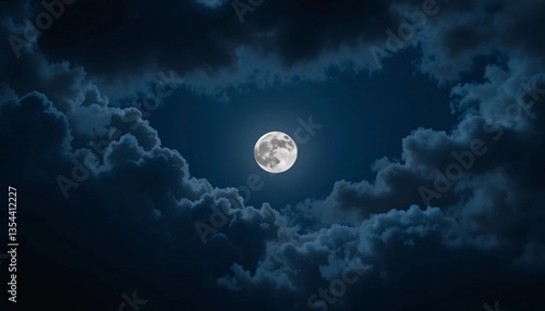 Moon on Night Sky, Full moon glowing over dark blue sky with soft clouds, creating serene nighttime landscape, Full moon on night sky on dark clouds background