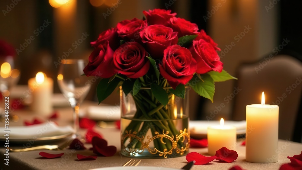 Romantic Table Setting with Red Roses and Candles An Intimate Evening Atmosphere