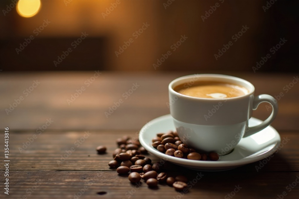 Obraz premium Classic wooden table with espresso cup and beans, warm ambiance , interior, tabletop, rustic