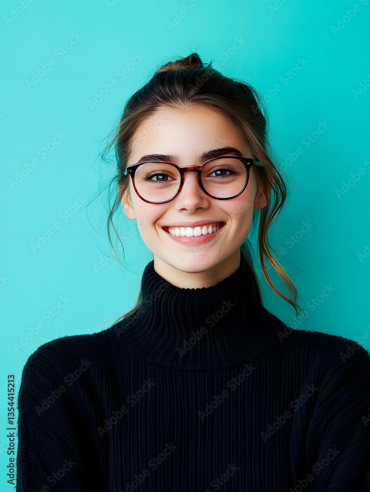 Fototapeta premium Cheerful portrait of a young friendly looking woman with glasses posing against a vibrant blue background with a warm inviting expression