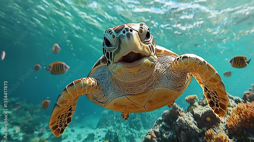 Naklejka premium Underwater close-up of a sea turtle swimming near coral reef and fish.