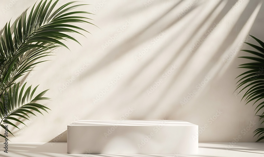 blank minimal white counter podium, soft beautiful dappled sunlight, tropical palm foliage leaf shadow on wall for luxury hygiene organic cosmetic, skincare, beauty treatment product background 3d blank minimal white counter podium, soft beautiful dappled sunlight, tropical palm foliage leaf shadow on wall for luxury hygiene organic cosmetic, skincare, beauty treatment product background 3d