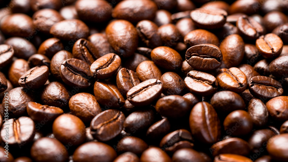 Perfectly roasted coffee beans close up, background texture