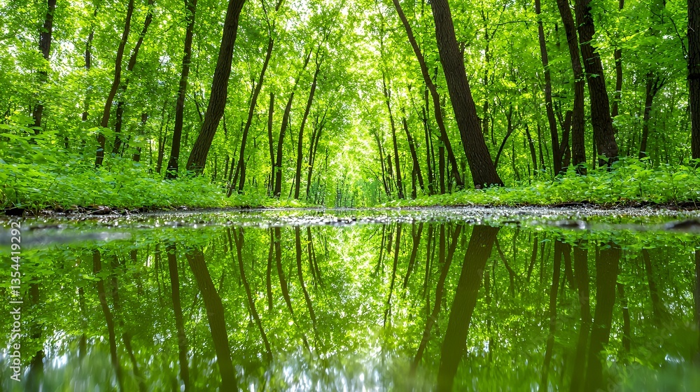 Lush Green Forest Tunnel with Sunlight Reflection on Calm Water Nature Scene Lush Green Forest Tunnel with Sunlight Reflection on Calm Water Nature Scene
