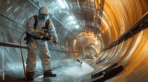 Industrial Worker in Protective Gear Pressure Washing a Large Tunnel