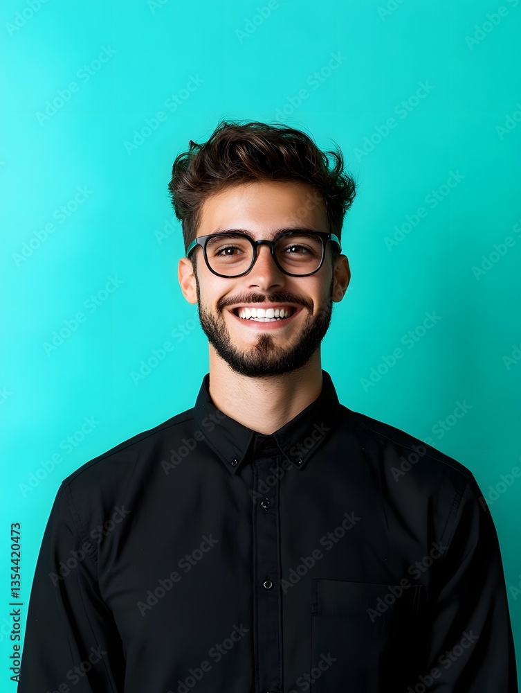 Obraz premium Headshot of a cheerful professional looking young man with a genuine welcoming smile and glasses against a simple turquoise background