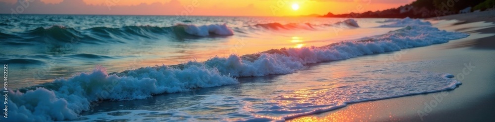 Fototapeta premium Gentle ocean waves caressing the shore at sunrise, texture, gentle breeze, calm sea