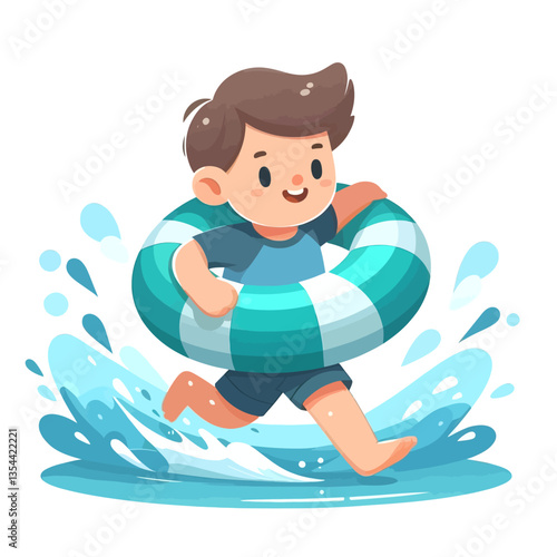 Ilustracja sezonu plażowego: dzieci bawiące się na plaży w stylu colourful flat illustration, premium graficzny clipart na wektorowym tle, żywe kolory i radosna atmosfera.