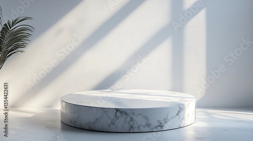 Minimalist white marble podium in sunlit room.