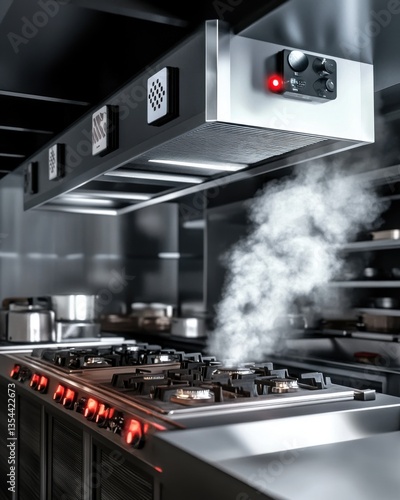 Fototapeta Naklejka Na Ścianę i Meble -  Modern Commercial Kitchen with Stainless Steel Range and Powerful Ventilation System