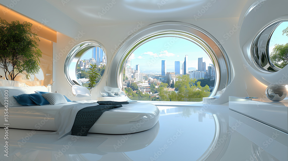 modern bedroom featuring sleek design with circular windows offering stunning city view. bright space is inviting and serene modern bedroom featuring sleek design with circular windows offering stunning city view. bright space is inviting and serene