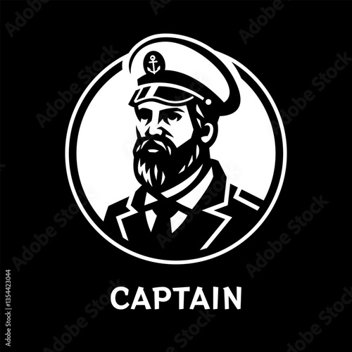 A man with a beard in a captain's uniform. The captain of the ship on a dark background.