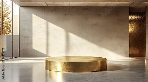 Sunlit minimalist room with golden podium.