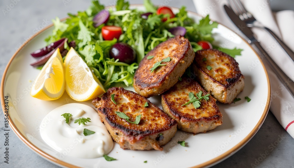 Delicious grilled meat with salad and lemon on a plate Delicious grilled meat with salad and lemon on a plate