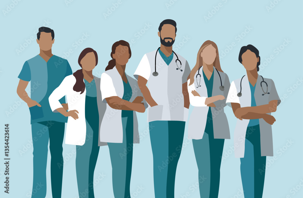 Fototapeta premium Healthcare. Medical team. Flat style vector illustration of a team of six doctors and nurses.