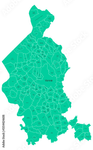 Vector image of the province of Varese with separate municipalities and editable labels	