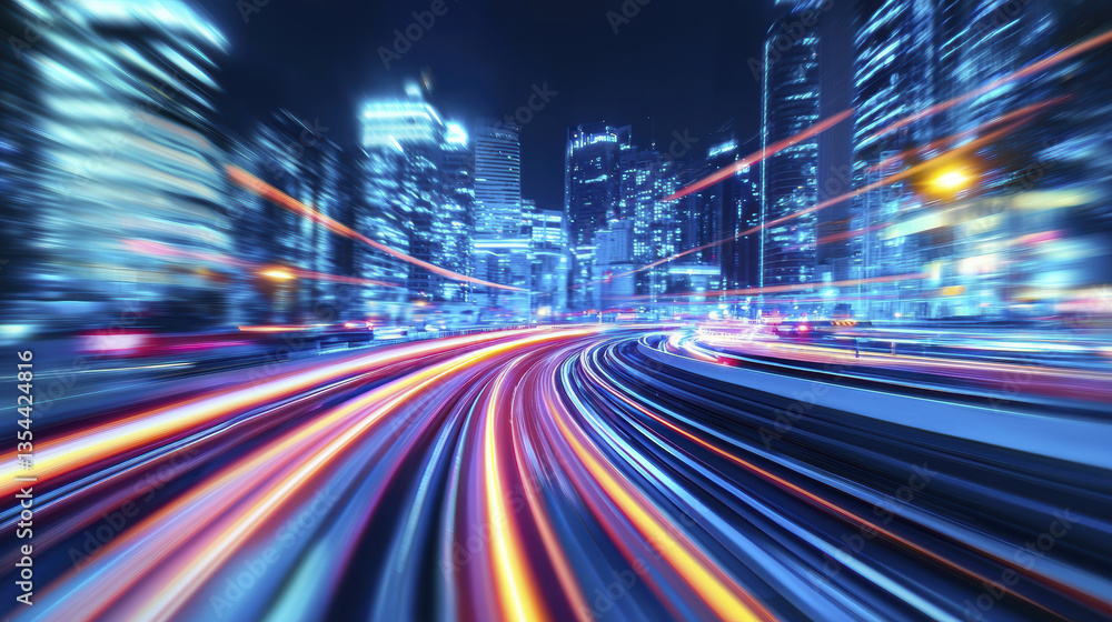 Obraz premium City skyline at night with vibrant light trails and blurred motion