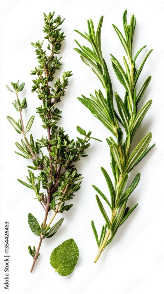Obraz premium Fresh Thyme Rosemary and Mint Sprigs on White Background