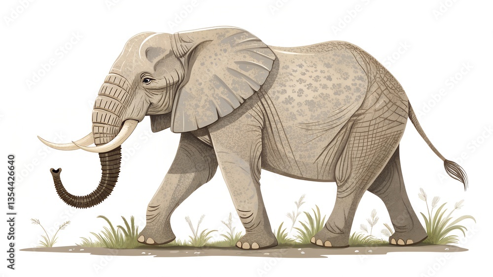 Fototapeta premium An illustration of an African elephant walking, depicted in a stylized or cartoonish manner