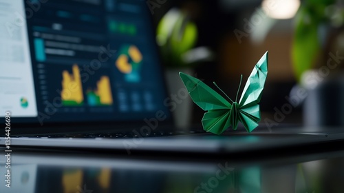 Green Origami Butterfly on Laptop Displaying Financial Charts and Data