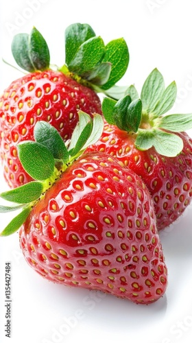 Three Ripe Red Strawberries with Green Leaves on White Background