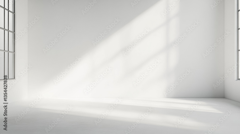 A bright white room with large windows and sunlight streaming in creating shadows on the walls A bright white room with large windows and sunlight streaming in creating shadows on the walls