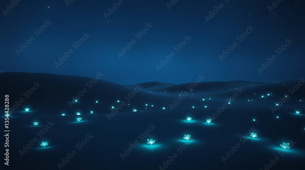 A surreal desert landscape with glowing bioluminescent patterns on the sand dunes. The twilight sky enhances the otherworldly ambiance, while luminous flora adds a mystical Created with generative AI A surreal desert landscape with glowing bioluminescent patterns on the sand dunes. The twilight sky enhances the otherworldly ambiance, while luminous flora adds a mystical Created with generative AI
