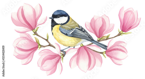 Tit bird and pink magnolia flowers illustration, romantic nature design Watercolor floral cute songbird isolated