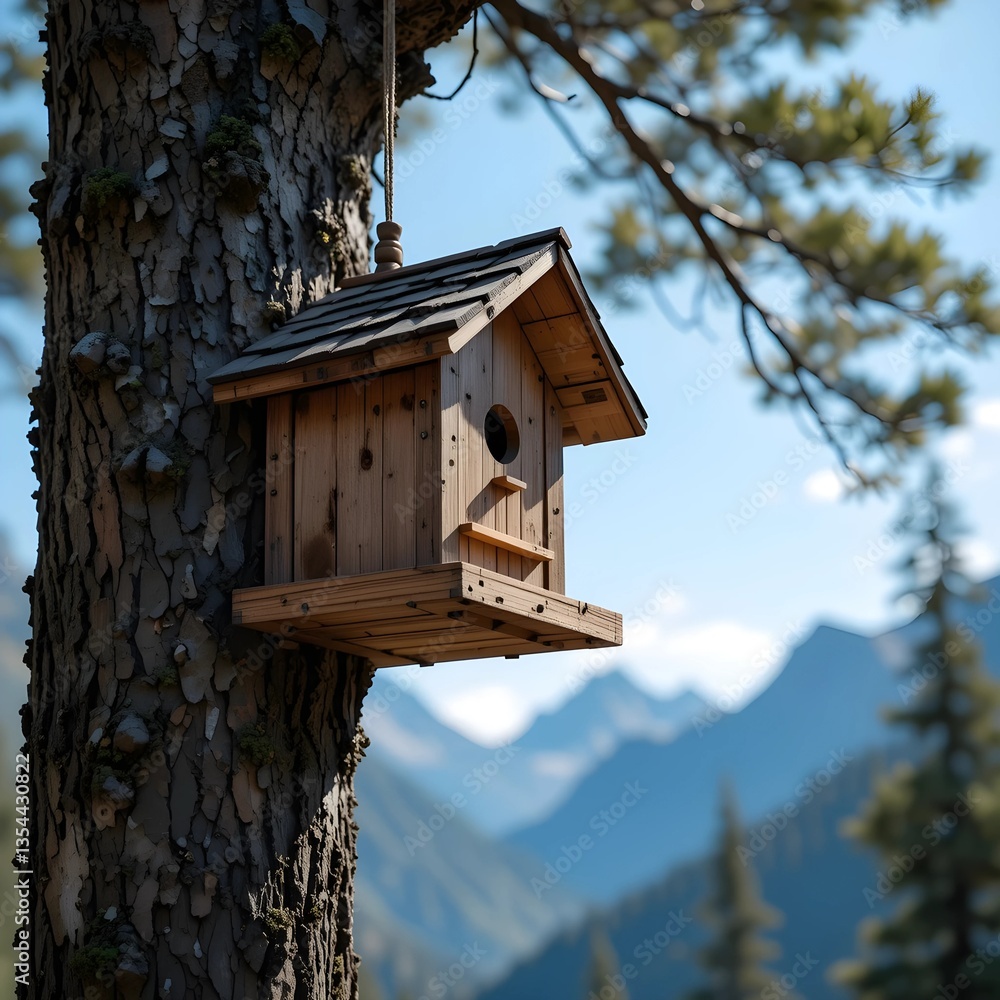 A birdhouse is tied to a pine tree and hung in the mountains under the blue sky. A birdhouse is tied to a pine tree and hung in the mountains under the blue sky.