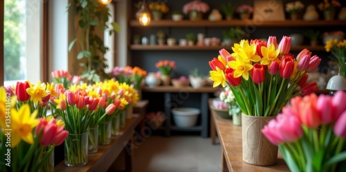 Wallpaper Mural Cozy flower shop filled with tulips and daffodils for Easter, festive, holiday, flower shop Torontodigital.ca