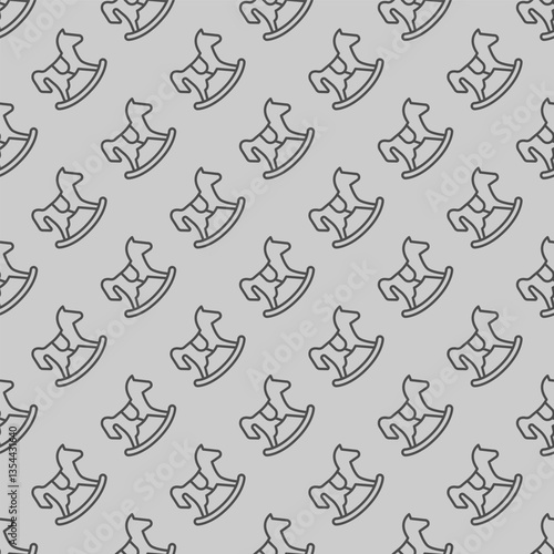 Wooden horse toy line seamless pattern, happy christmas theme. Vector graphics. Toy gift for children sign with background, repeat line icon.