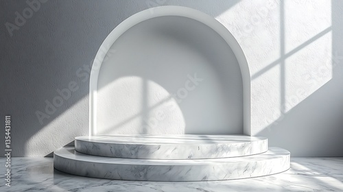 Minimalist white marble podium in arched niche.
