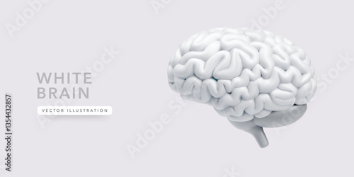 White 3D cartoon stylized human brain isolated on light background. Vector illustration