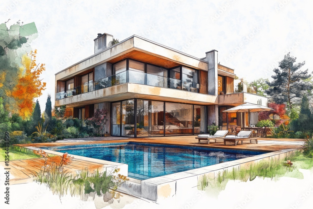 Fototapeta premium Watercolor illustration depicts a modern house with a pool