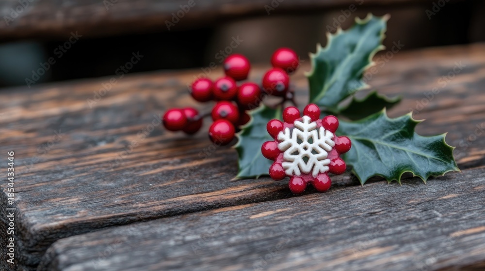 Holiday berries and snowflake on weathered wooden surface. Festive winter closeup Holiday berries and snowflake on weathered wooden surface. Festive winter closeup