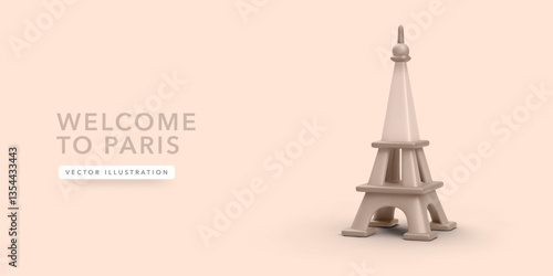 Eiffel Tower in 3D realistic style. Metal monument isolated on light background. Vector illustration
