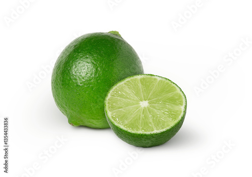 Whole fresh lime and a slice isolated.