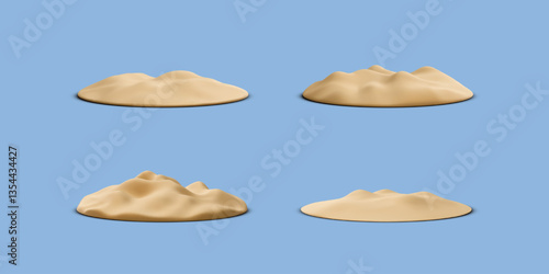Set of piles of sand in 3d realistic style isolated on blue background. Vector illustration