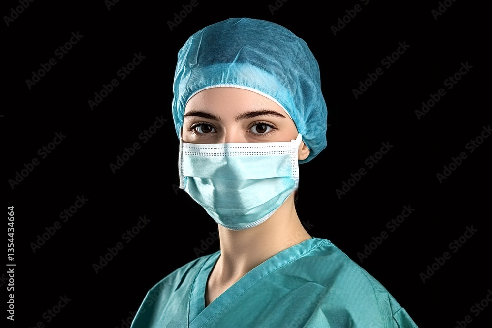 Close-up portrait of a female doctor wearing surgical mask and cap, representing healthcare, protection, and professionalism in the medical field Close-up portrait of a female doctor wearing surgical mask and cap, representing healthcare, protection, and professionalism in the medical field