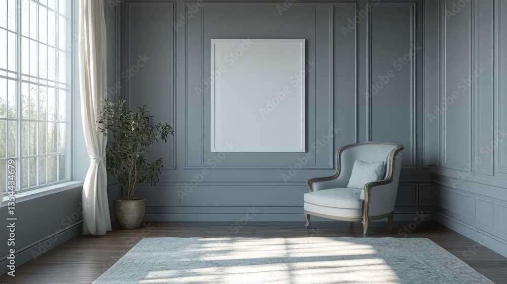 Fototapeta premium Elegant interior with a blank white poster on a blue-gray paneled wall, next to a classic armchair and potted plant, in a sunlit room with large window and cozy atmosphere. Banner with copy space.