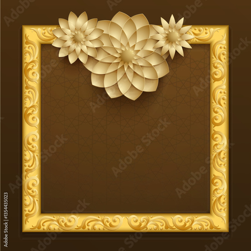 3D golden floral frame on brown islamic pattern background
