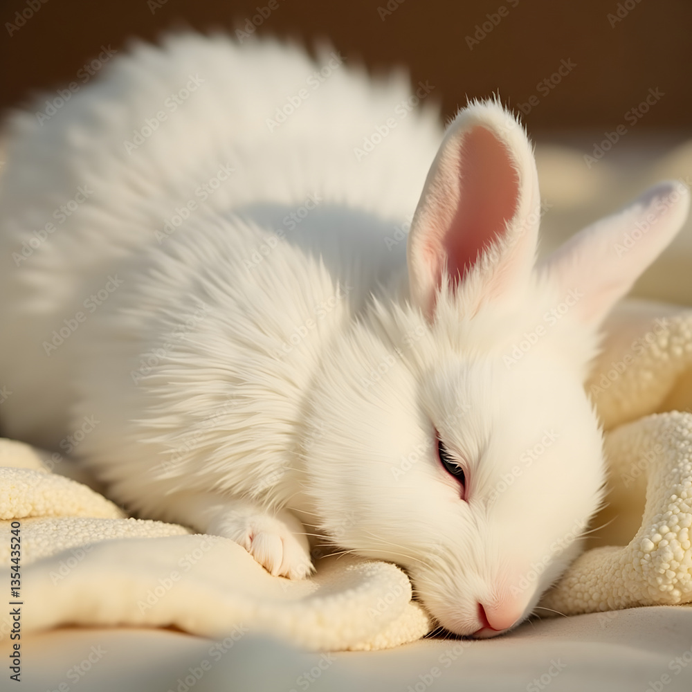 Sweet White Rabbit Napping on a Soft Pillow with Its Eyes Closed Sweet White Rabbit Napping on a Soft Pillow with Its Eyes Closed