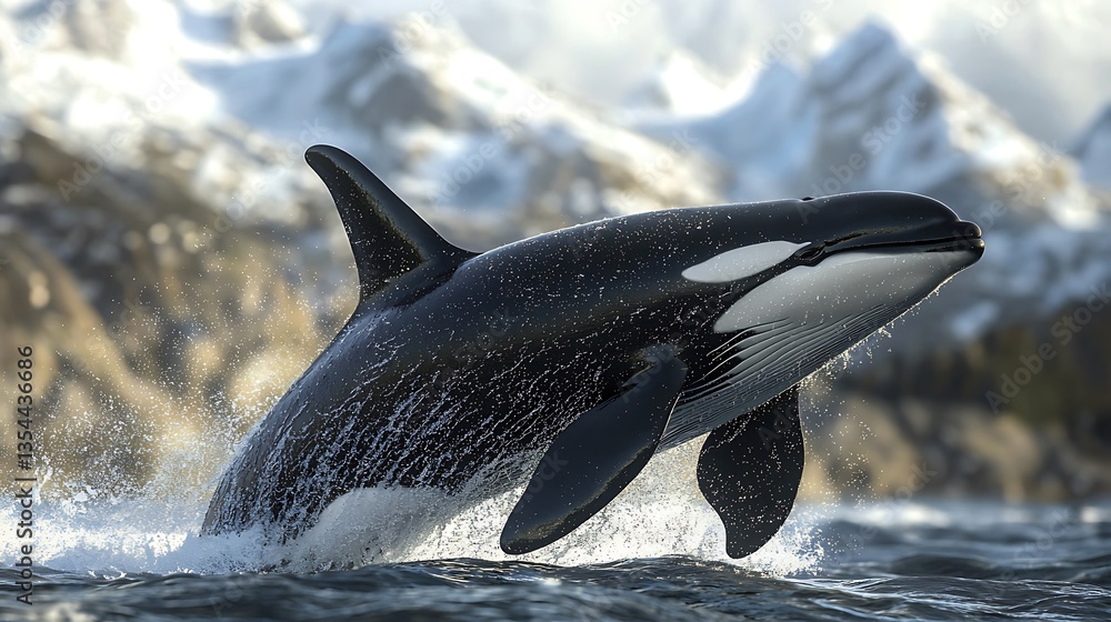 Fototapeta premium Orca breaching in icy water, mountains background.